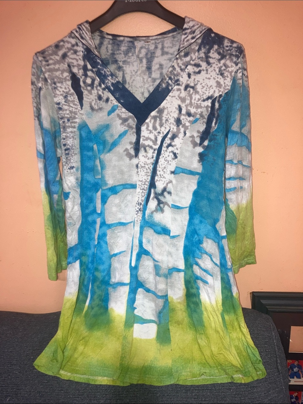 V-Neck Hooded Tunic hoodie in Blue and Green Watercolor Tie-Dye
